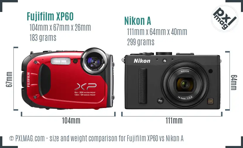 Fujifilm XP60 vs Nikon A size comparison
