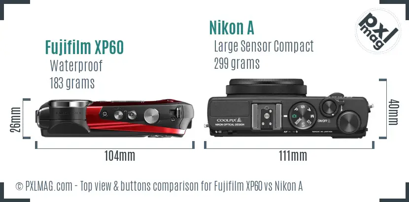 Fujifilm XP60 vs Nikon A top view buttons comparison