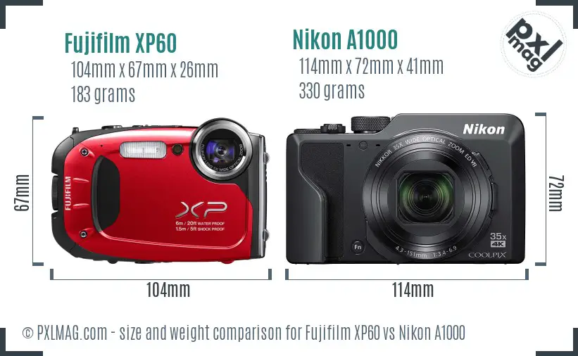 Fujifilm XP60 vs Nikon A1000 size comparison Fujifilm XP60 vs Nikon A1000 size comparison