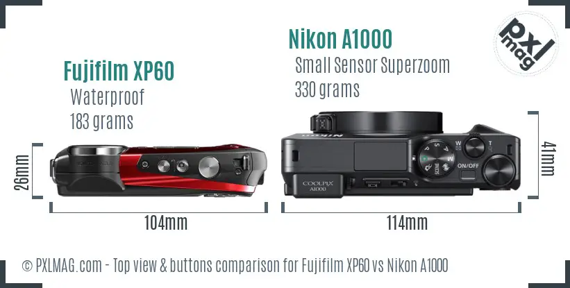 Fujifilm XP60 vs Nikon A1000 top view buttons comparison Fujifilm XP60 vs Nikon A1000 top view buttons comparison