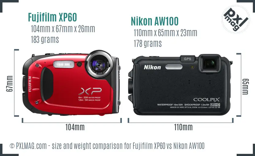 Fujifilm XP60 vs Nikon AW100 size comparison Fujifilm XP60 vs Nikon AW100 size comparison