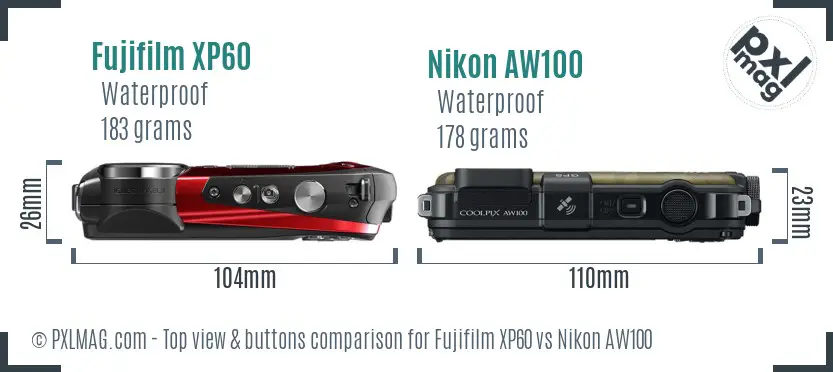 Fujifilm XP60 vs Nikon AW100 top view buttons comparison Fujifilm XP60 vs Nikon AW100 top view buttons comparison