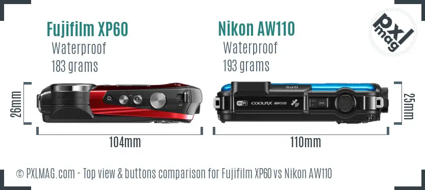 Fujifilm XP60 vs Nikon AW110 top view buttons comparison