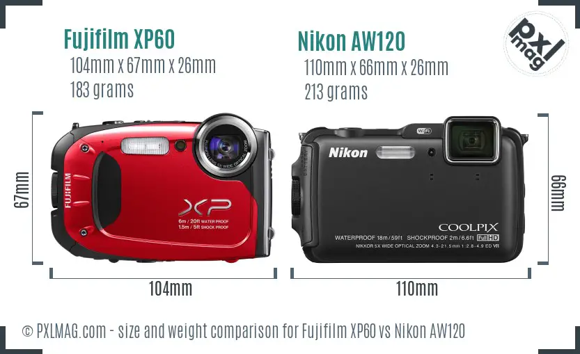 Fujifilm XP60 vs Nikon AW120 size comparison