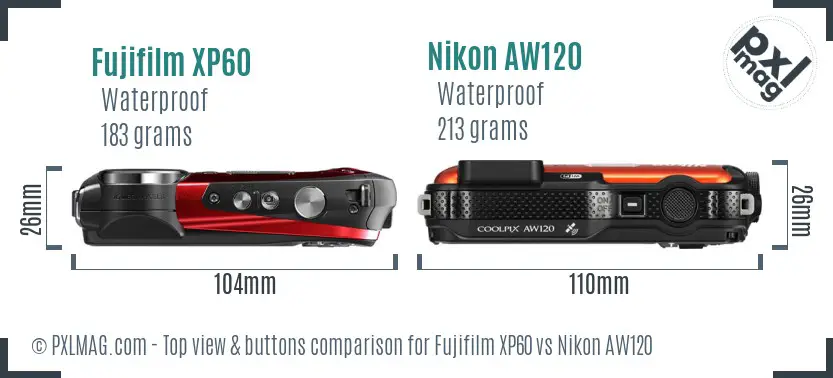 Fujifilm XP60 vs Nikon AW120 top view buttons comparison