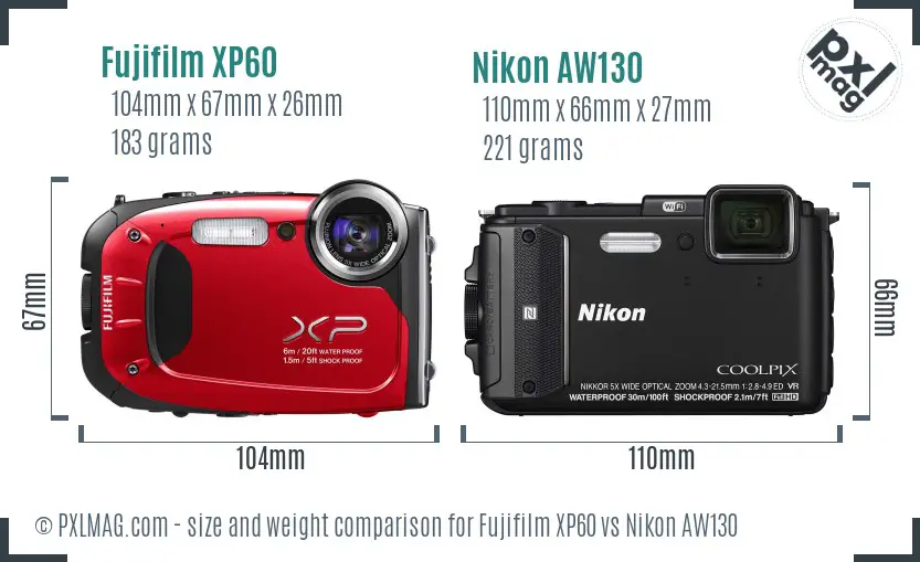 Fujifilm XP60 vs Nikon AW130 size comparison