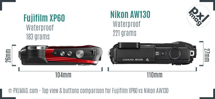 Fujifilm XP60 vs Nikon AW130 top view buttons comparison