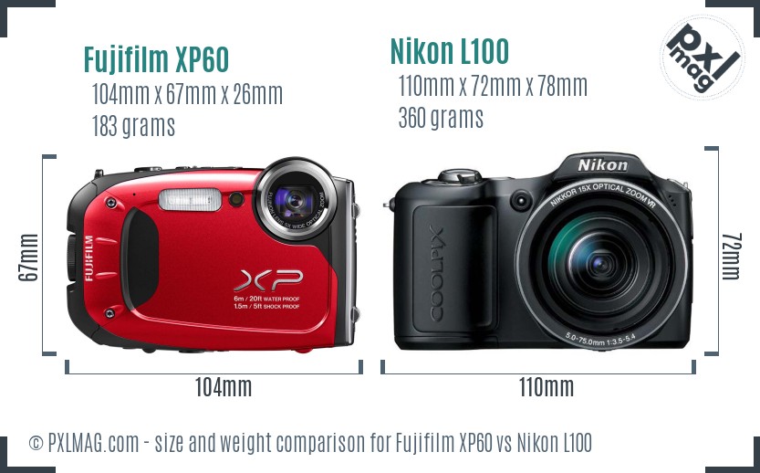 Fujifilm XP60 vs Nikon L100 size comparison