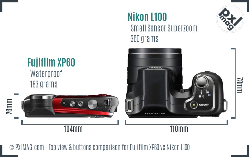 Fujifilm XP60 vs Nikon L100 top view buttons comparison