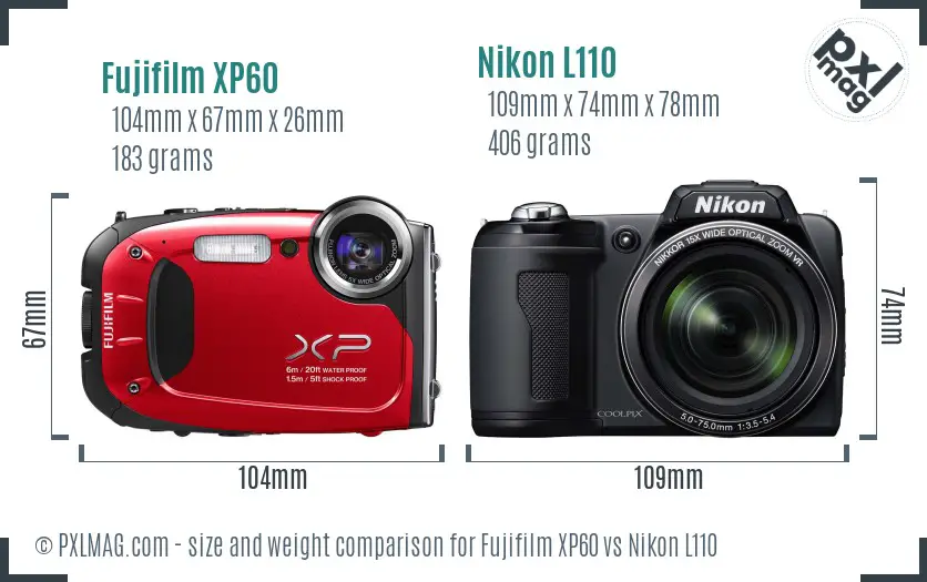Fujifilm XP60 vs Nikon L110 size comparison