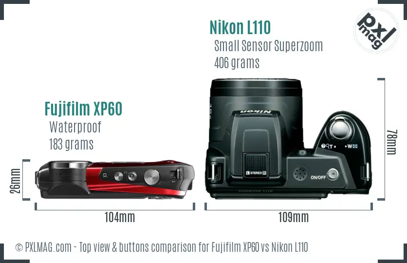 Fujifilm XP60 vs Nikon L110 top view buttons comparison
