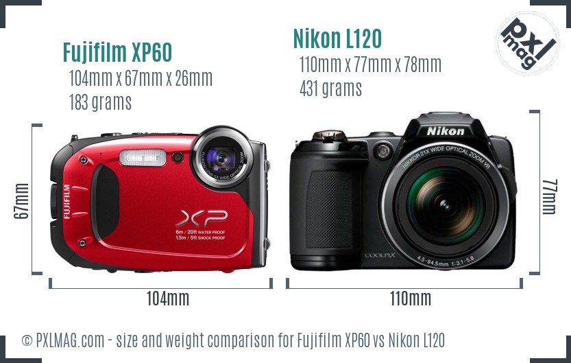 Fujifilm XP60 vs Nikon L120 size comparison