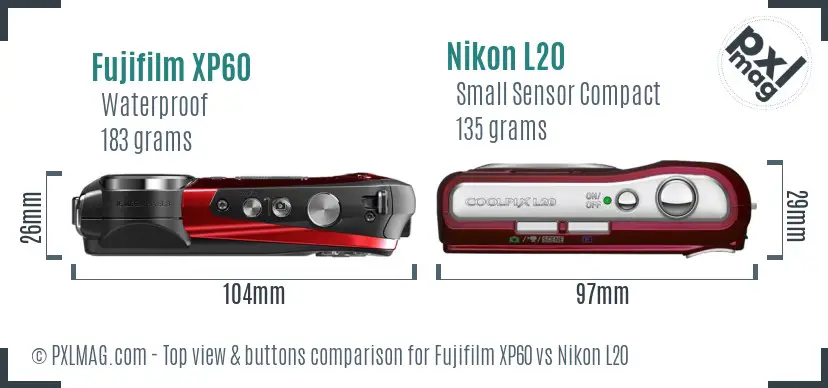 Fujifilm XP60 vs Nikon L20 top view buttons comparison Fujifilm XP60 vs Nikon L20 top view buttons comparison