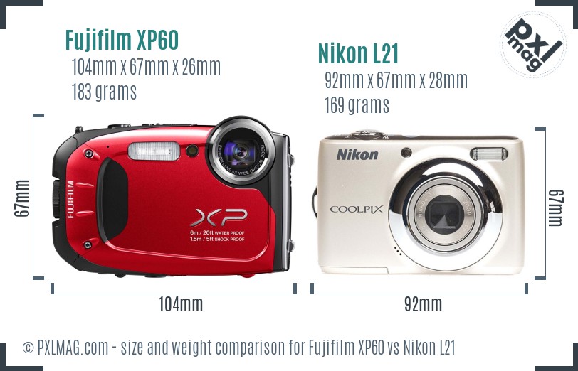 Fujifilm XP60 vs Nikon L21 size comparison