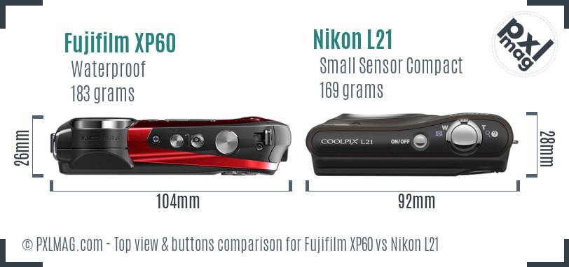 Fujifilm XP60 vs Nikon L21 top view buttons comparison