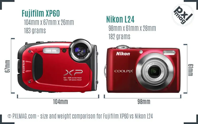 Fujifilm XP60 vs Nikon L24 size comparison