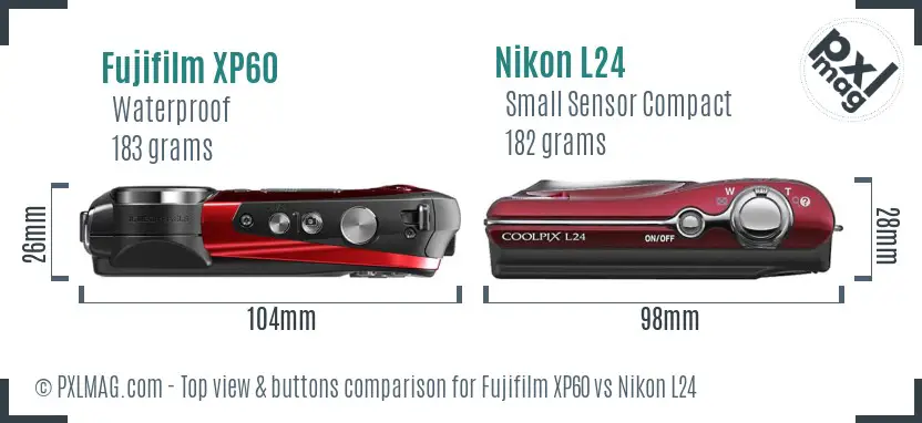 Fujifilm XP60 vs Nikon L24 top view buttons comparison