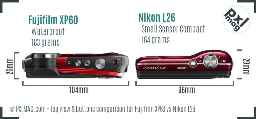 Fujifilm XP60 vs Nikon L26 top view buttons comparison Fujifilm XP60 vs Nikon L26 top view buttons comparison