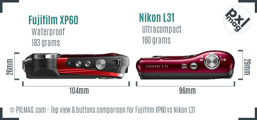 Fujifilm XP60 vs Nikon L31 top view buttons comparison