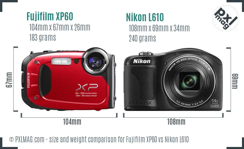 Fujifilm XP60 vs Nikon L610 size comparison