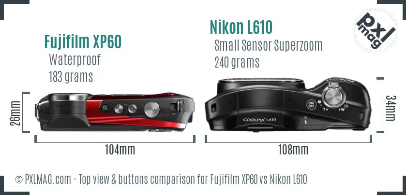 Fujifilm XP60 vs Nikon L610 top view buttons comparison