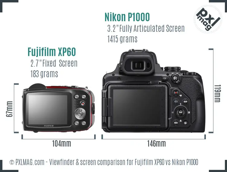 Fujifilm XP60 vs Nikon P1000 Screen and Viewfinder comparison