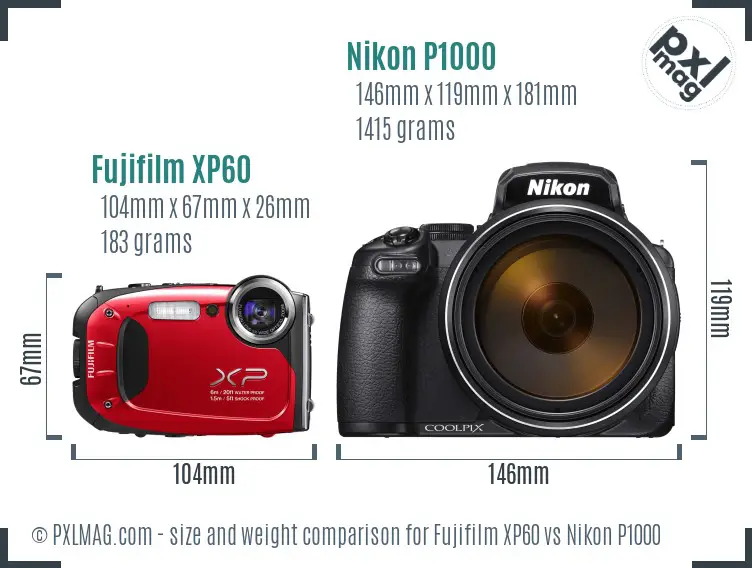 Fujifilm XP60 vs Nikon P1000 size comparison