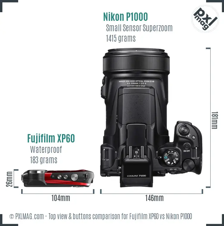 Fujifilm XP60 vs Nikon P1000 top view buttons comparison