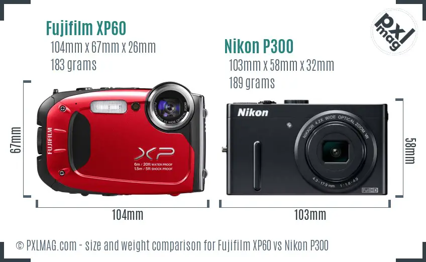 Fujifilm XP60 vs Nikon P300 size comparison