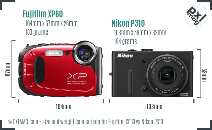 Fujifilm XP60 vs Nikon P310 size comparison