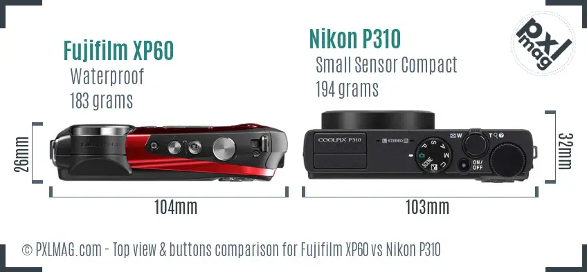 Fujifilm XP60 vs Nikon P310 top view buttons comparison