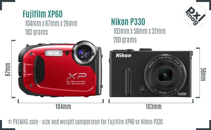 Fujifilm XP60 vs Nikon P330 size comparison