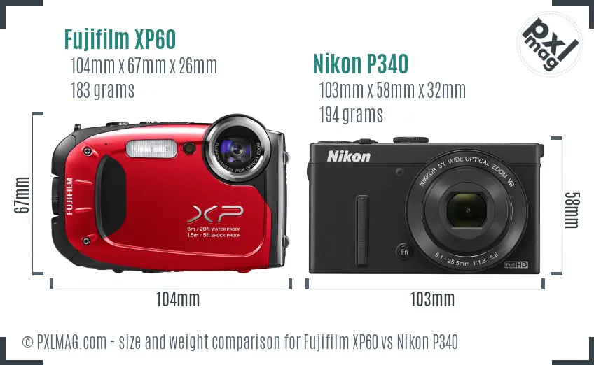 Fujifilm XP60 vs Nikon P340 size comparison Fujifilm XP60 vs Nikon P340 size comparison