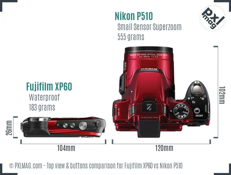 Fujifilm XP60 vs Nikon P510 top view buttons comparison