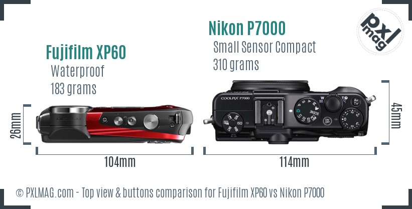 Fujifilm XP60 vs Nikon P7000 top view buttons comparison