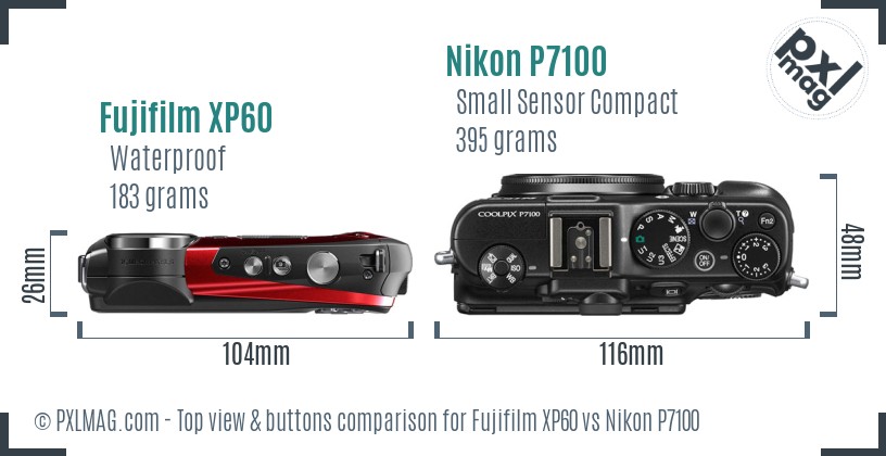 Fujifilm XP60 vs Nikon P7100 top view buttons comparison