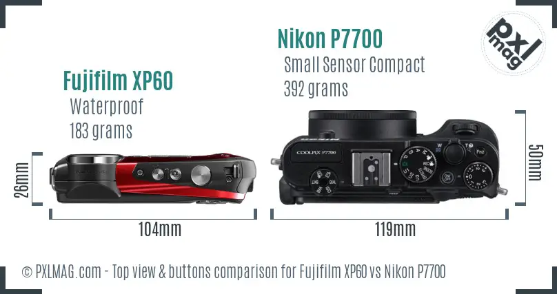 Fujifilm XP60 vs Nikon P7700 top view buttons comparison