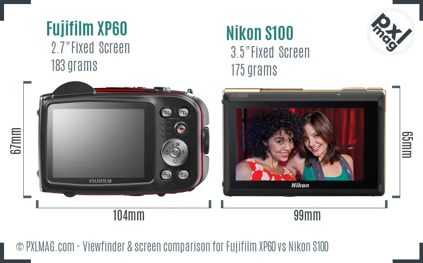 Fujifilm XP60 vs Nikon S100 Screen and Viewfinder comparison