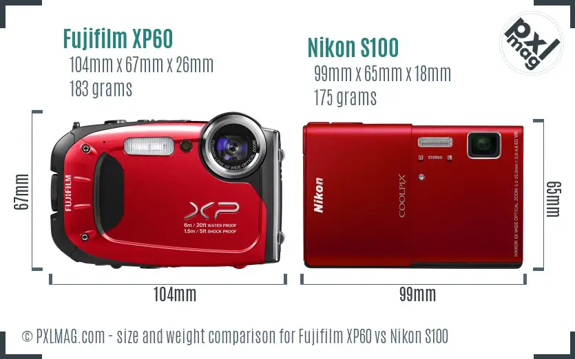 Fujifilm XP60 vs Nikon S100 size comparison