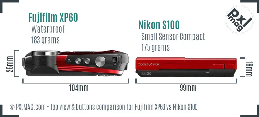 Fujifilm XP60 vs Nikon S100 top view buttons comparison