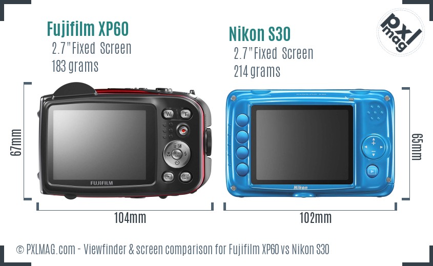 Fujifilm XP60 vs Nikon S30 Screen and Viewfinder comparison