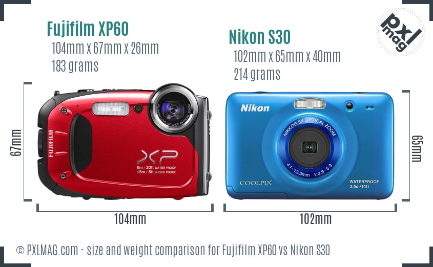 Fujifilm XP60 vs Nikon S30 size comparison