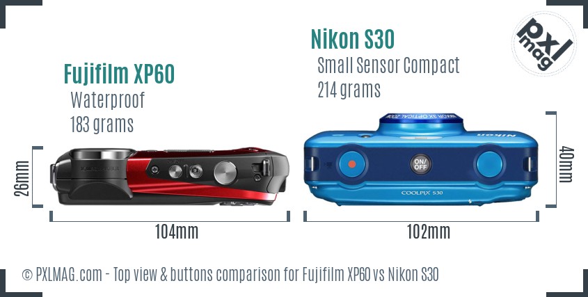 Fujifilm XP60 vs Nikon S30 top view buttons comparison