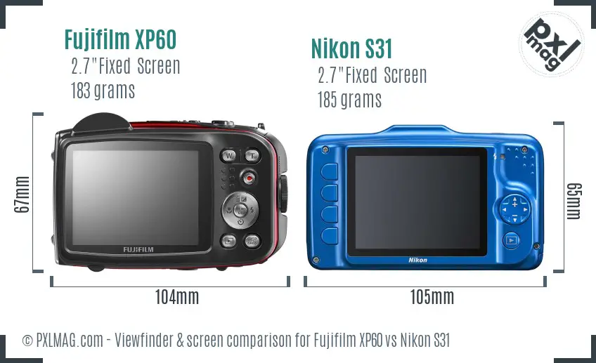 Fujifilm XP60 vs Nikon S31 Screen and Viewfinder comparison