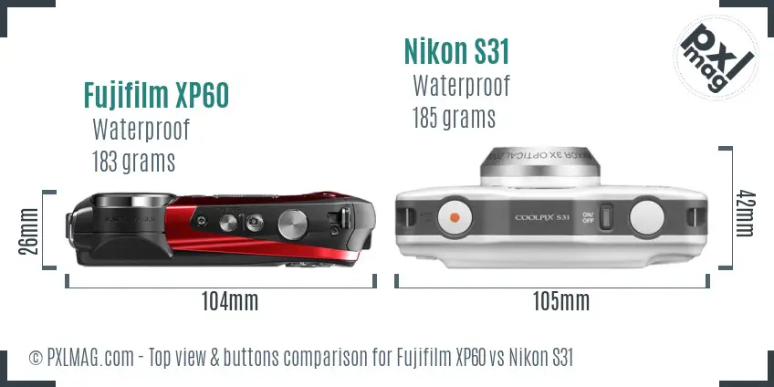 Fujifilm XP60 vs Nikon S31 top view buttons comparison