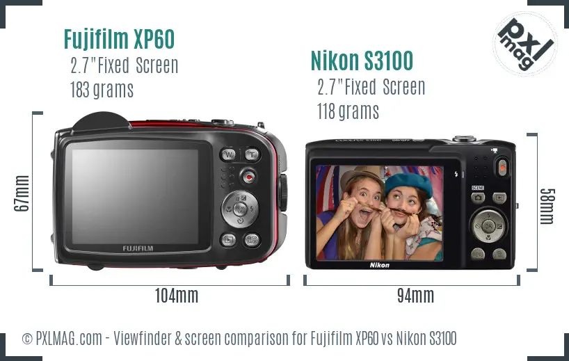 Fujifilm XP60 vs Nikon S3100 Screen and Viewfinder comparison