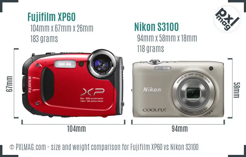 Fujifilm XP60 vs Nikon S3100 size comparison