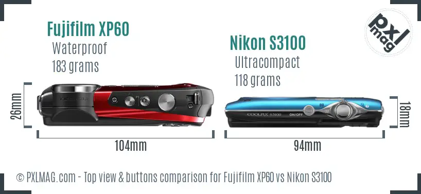 Fujifilm XP60 vs Nikon S3100 top view buttons comparison