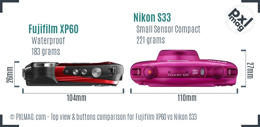 Fujifilm XP60 vs Nikon S33 top view buttons comparison