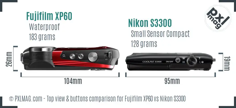 Fujifilm XP60 vs Nikon S3300 top view buttons comparison